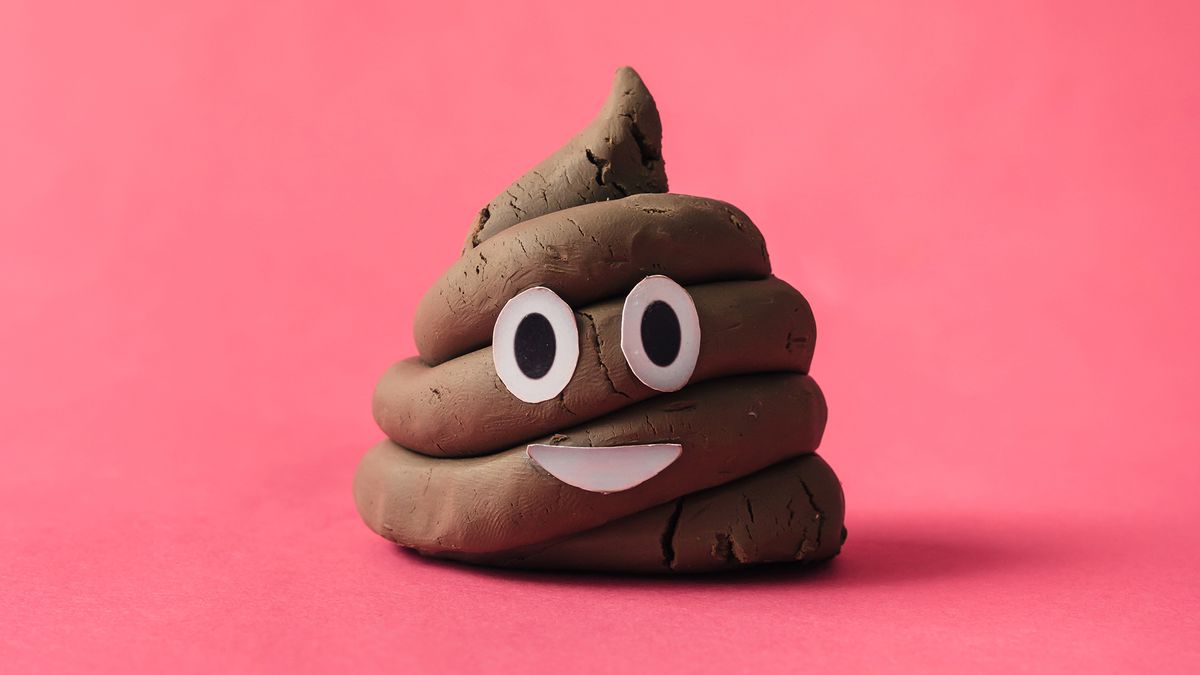 A 3D poop emoji smiles against a pink background.