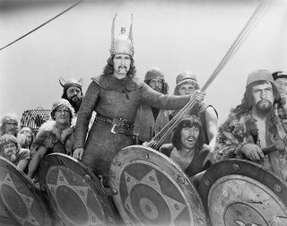 Viking warriors in black and white image