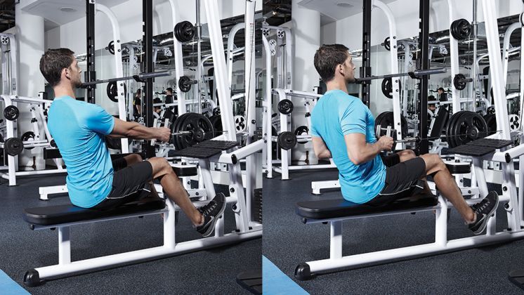 Man demonstrates two positions of the seated cable row