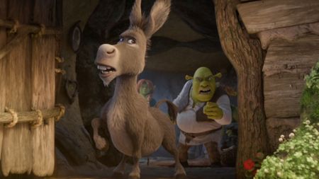 Donkey leaving the house with Shrek looking mad in Shrek 5