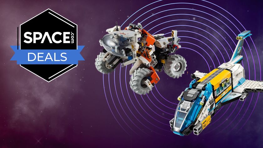 A rover and a spacebus Lego set next to a Space Deals badge. 