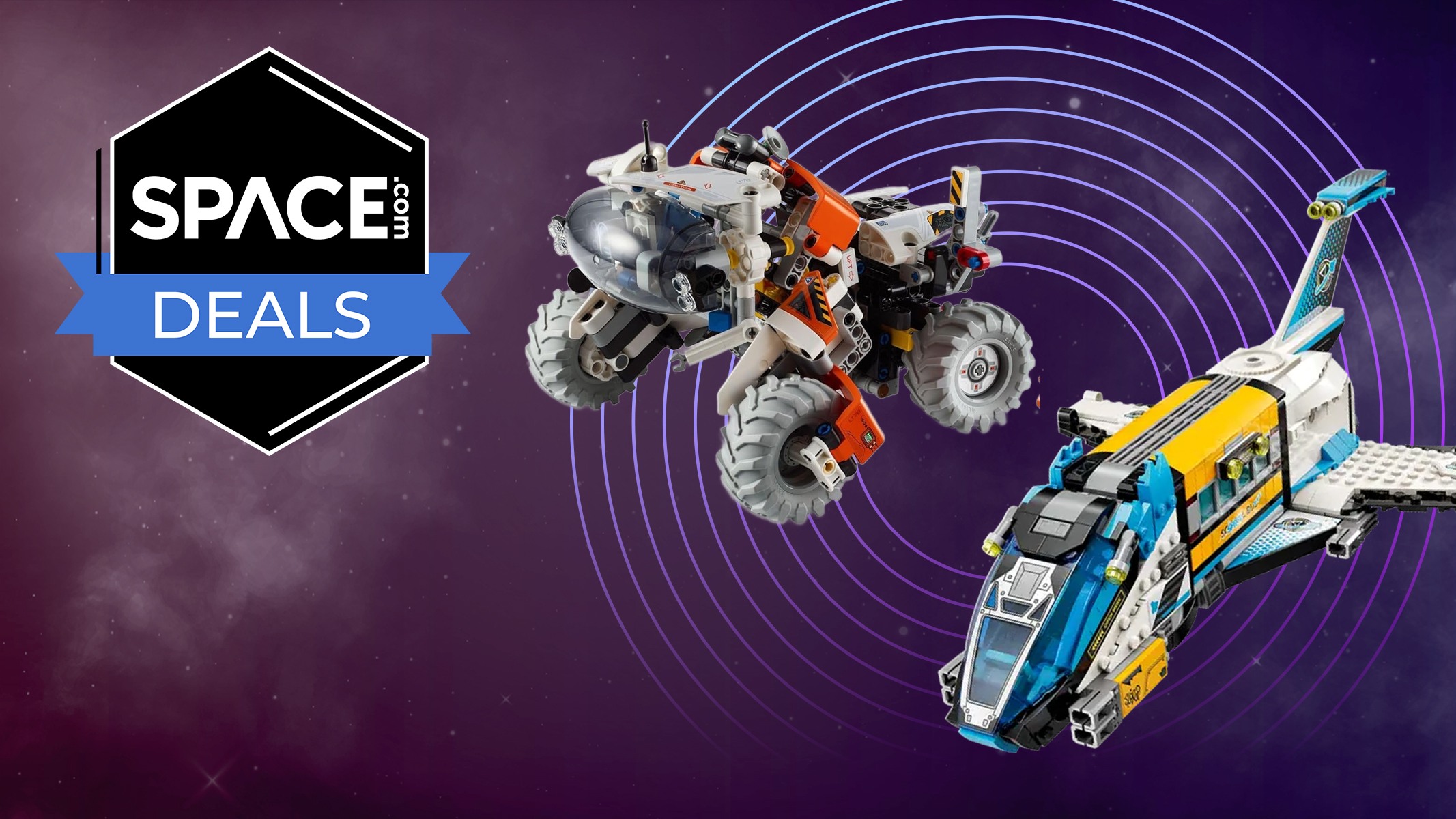 A rover and a spacebus Lego set next to a Space Deals badge. 