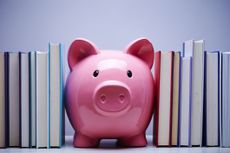 A pink piggy bank with stacks of books on either side.