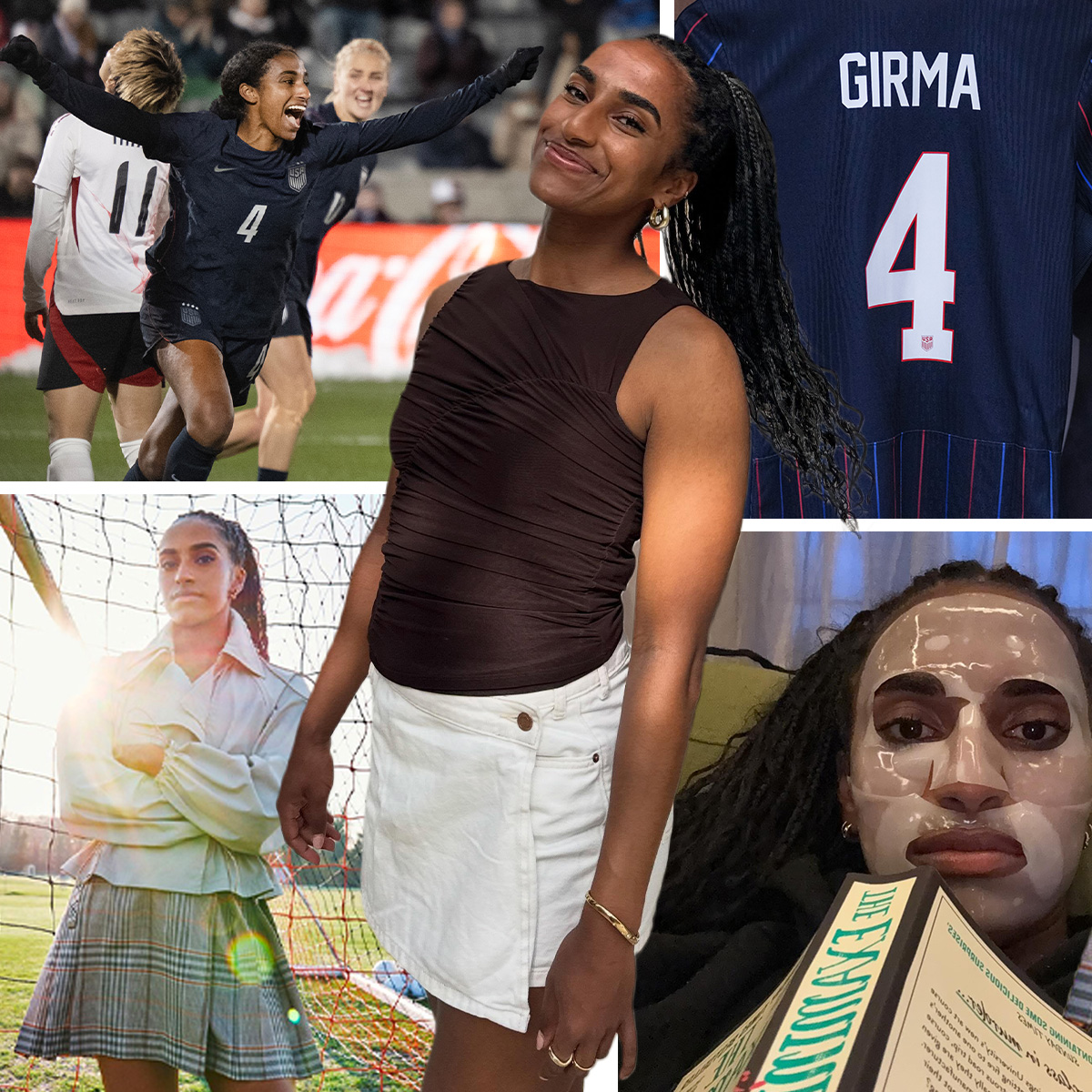 A collage of photos of professional soccer player Naomi Girma.