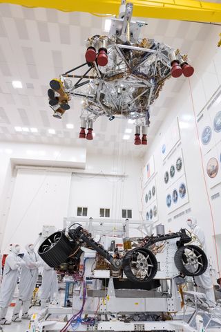 A crane lifted the rocket-powered descent stage away from the Mars 2020 rover in a successful separation test at NASA's Jet Propulsion Laboratory in Pasadena, California, in September 2019. 