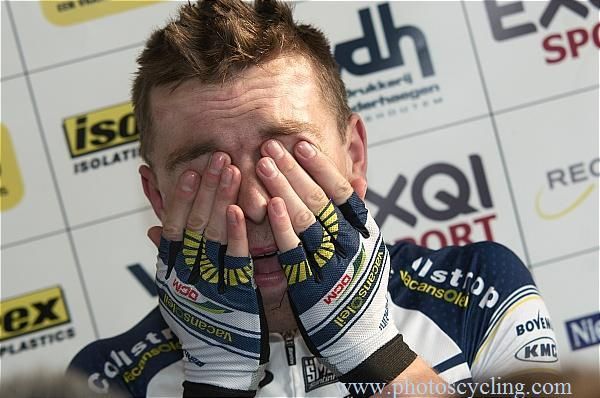 Kris Boeckmans (Vacansoleil-DCM) tidies up for the Nokere Koerse podium