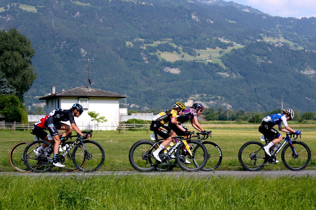 CHUR SWITZERLAND JUNE 20 La Curinier of France and Team DSM Stine Borgli of Norway and Team FDJ NouvelleAquitaine Futuroscope Amber Kraak of The Netherlands and Team JumboVisma Quinty Ton of The Netherlands and Team Liv Racing Xstra and Sina Frei of Switzerland and Team Swiss Cycling competing in the breakaway through Sevelen during the 2nd Tour de Suisse Women 2022 Stage 3 a 1242km stage from Vaduz to Chur on June 20 2022 in Chur Switzerland Photo by Heinz ZwickyGetty Images