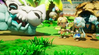 Two players outside a house with a dragon during the upcoming PS5 game, FANTASY LIFE i: The Girl Who Steals Time.