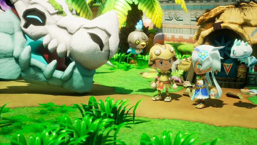 Two players outside a house with a dragon during the upcoming PS5 game, FANTASY LIFE i: The Girl Who Steals Time.