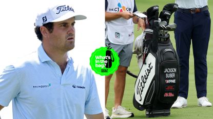 Jackson Suber walks off the green, with a close up of his bag