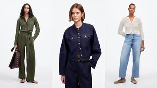 Three models wearing different outfits from American clothing brand Madewell