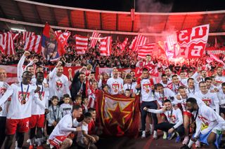 Red Star Belgrade players celebrate after winning the Serbian league championship in May 2023.