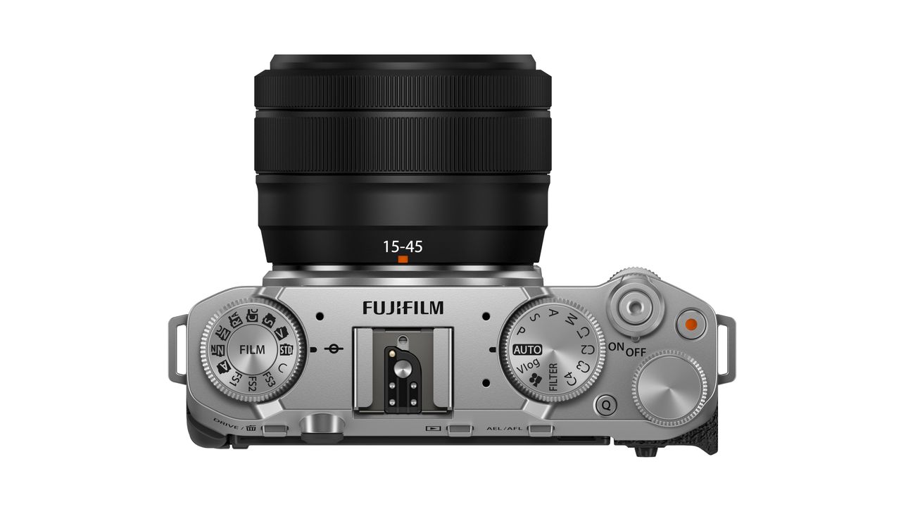 Product shots of a Fujifilm X-M5 digital camera on a white background