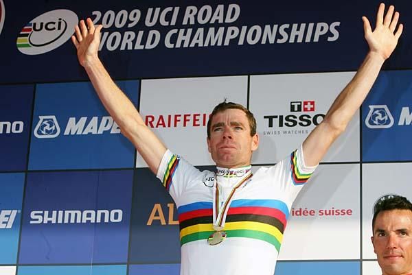 Cadel Evans (Australia) in his new rainbow stripes