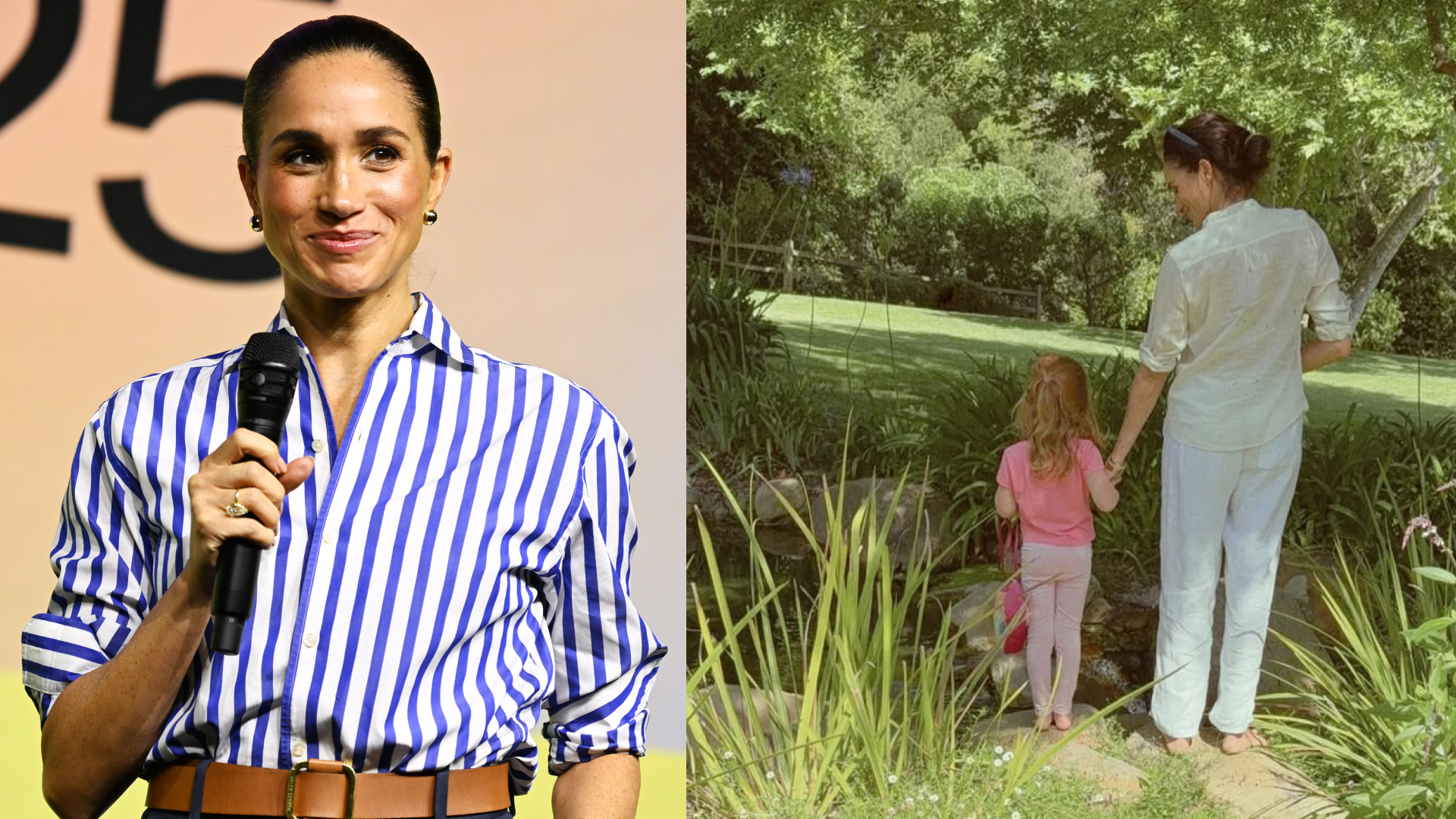 Meghan Markle holding a mic; Meghan Markle holding hands with Princess Lilibet next to trees