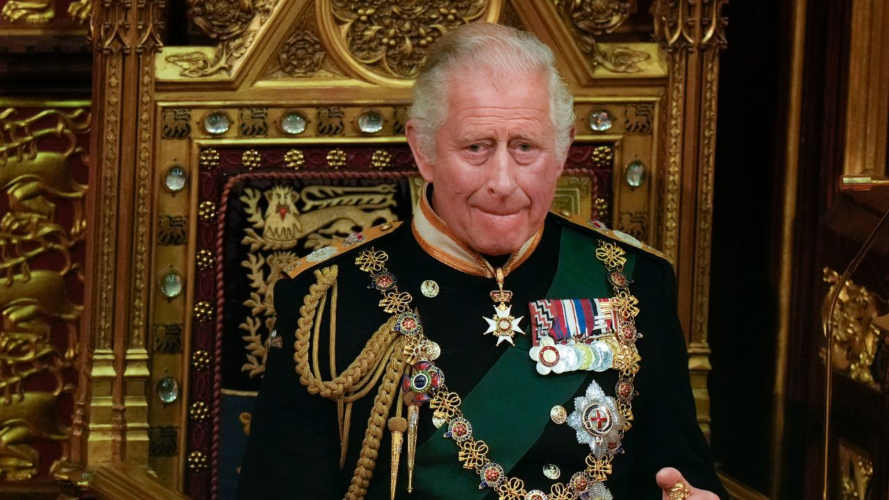 Prince Charles, Prince of Wales seated next to the Queen&#039;s Imperial State Crown in the House of Lords Chamber, during the State Opening of Parliament in the House of Lords at the Palace of Westminster on May 10, 2022 in London, England.