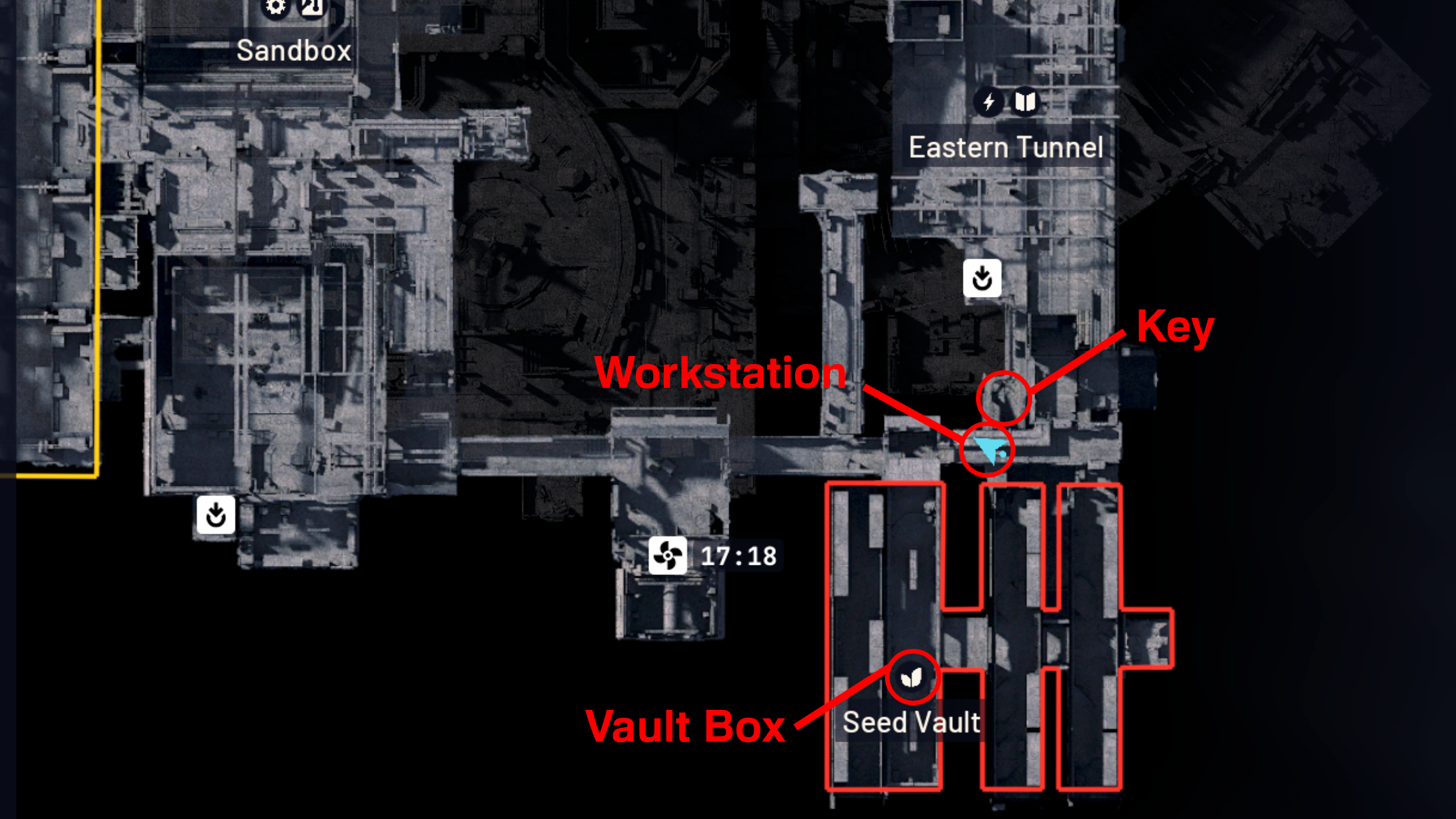 Arc Raiders Last Entry: An annotated map of the Seed Vault area on Stella Montis showing the quest step locations for Last Entry.