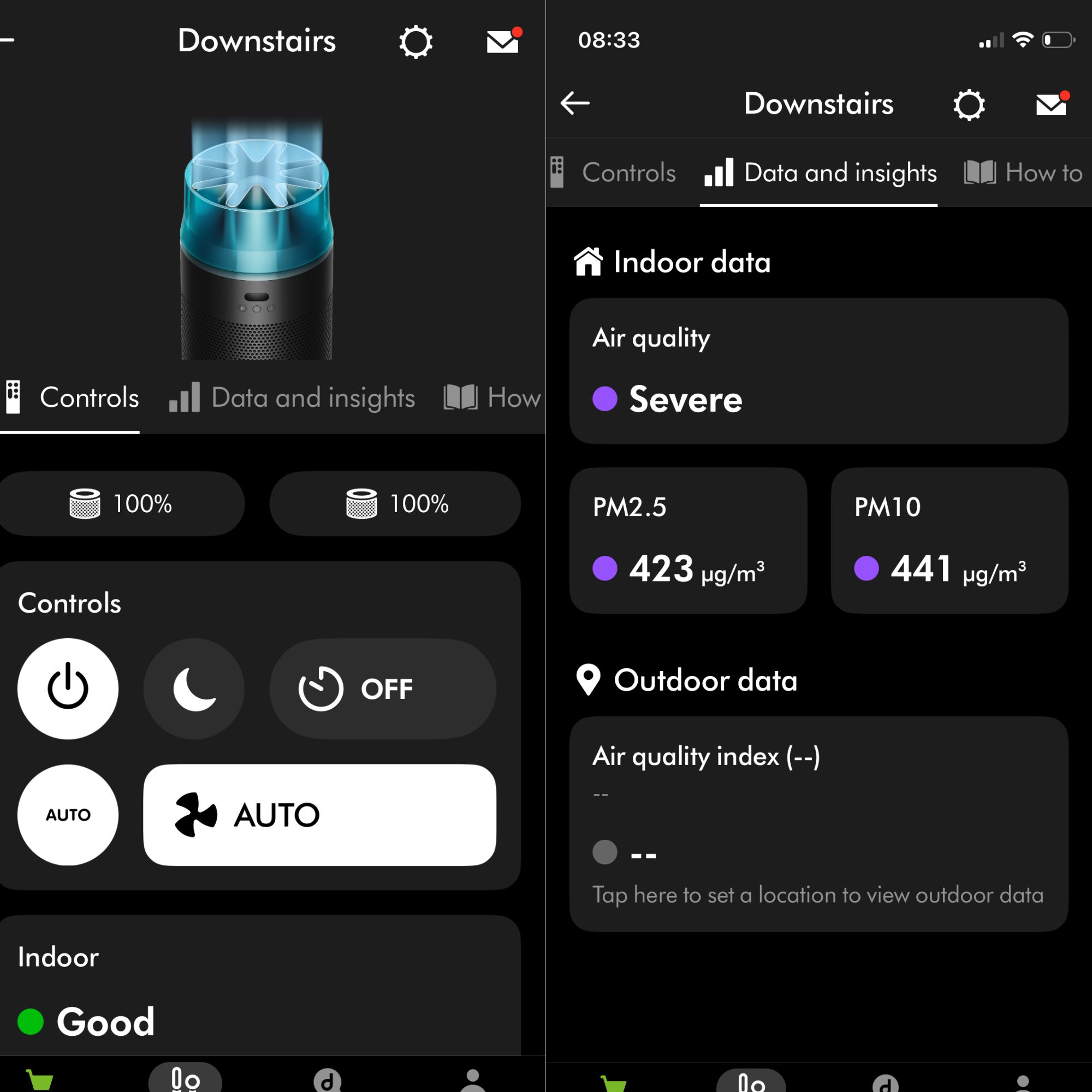 App screenshots of the Dyson Hushjet Air Purifier, showing the different feature options and poor air quality results