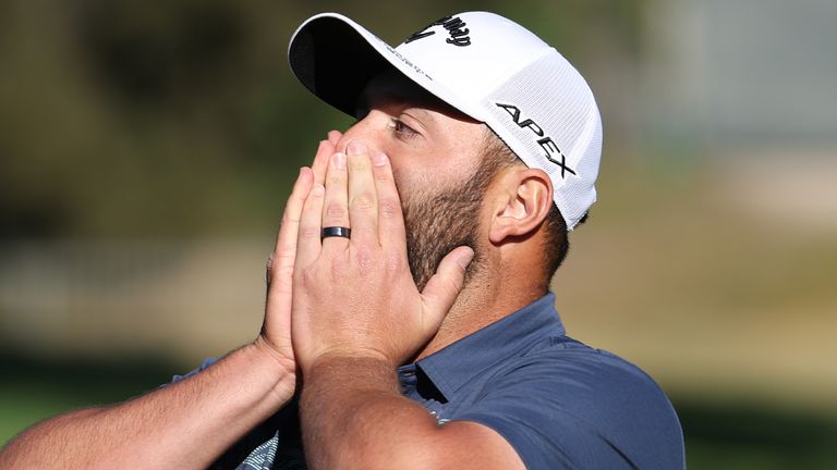 Jon Rahm reacts after missing a putt during the 2022 Genesis Invitational