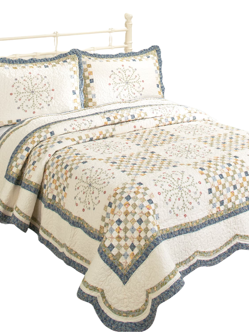 Keepsake Embroidered Patchwork Cotton Quilt or Pillow Sham Pair