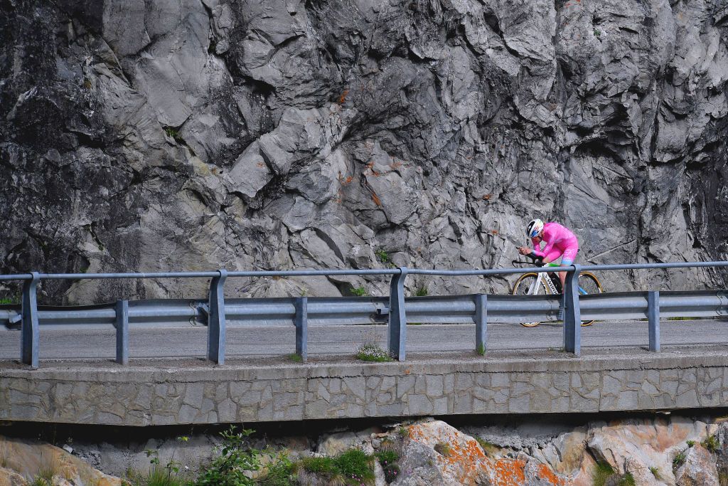 CASCATE DEL TOCE ITALY JULY 05 Anna Van Der Breggen of Netherlands and Team SD Worx Pink Leader Jersey during the 32nd Giro dItalia Internazionale Femminile 2021 Stage 4 a 112km Individual Time Trial from Fondovalle to Cascate Del Toce 1714m Landscape ITT GiroDonne UCIWWT on July 05 2021 in Cascate Del Toce Italy Photo by Luc ClaessenGetty Images