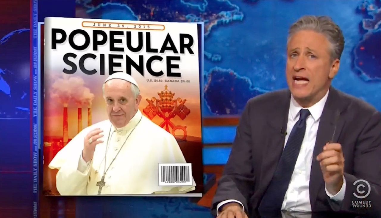 Jon Stewart tackles the pope and climate change and the GOP and church and state