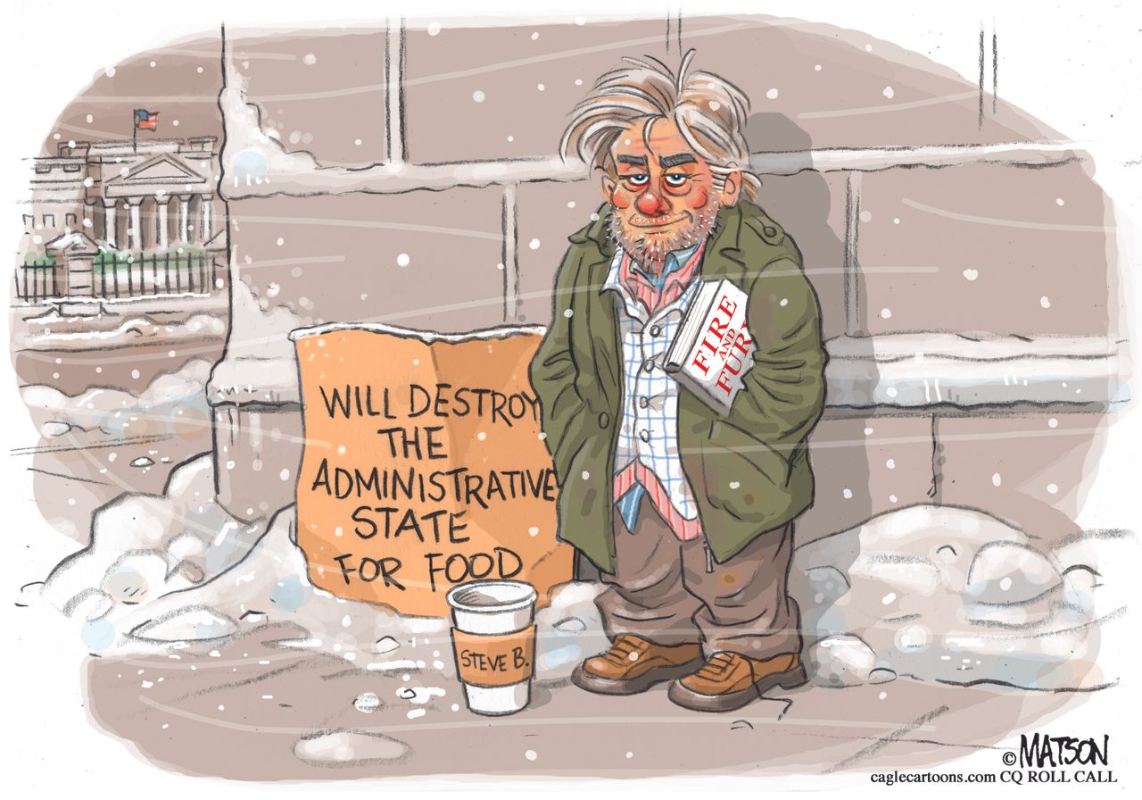 Political cartoon U.S. Trump Steve Bannon breakup Fire and Fury