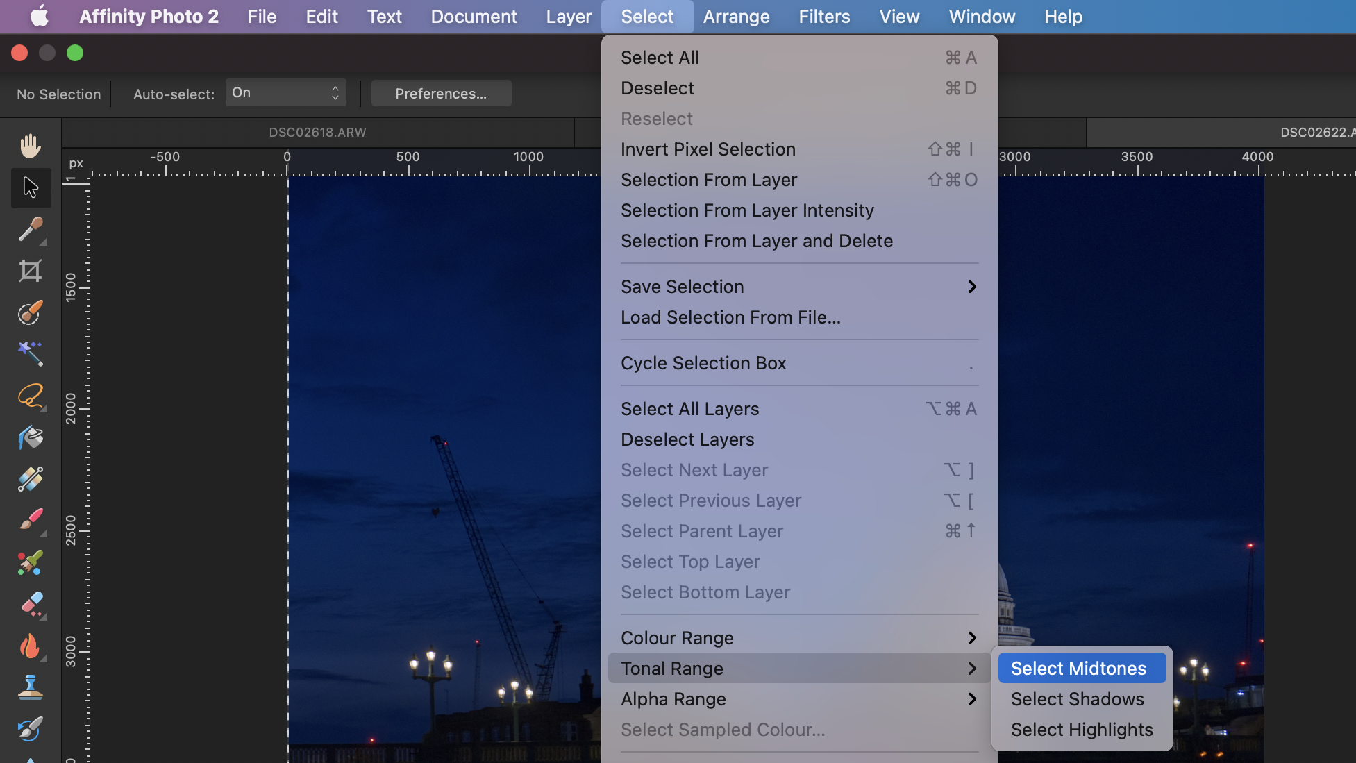 Screenshot of Affinity Photo 2 showing the 'Select' menu with options for selecting midtones, shadows, and highlights