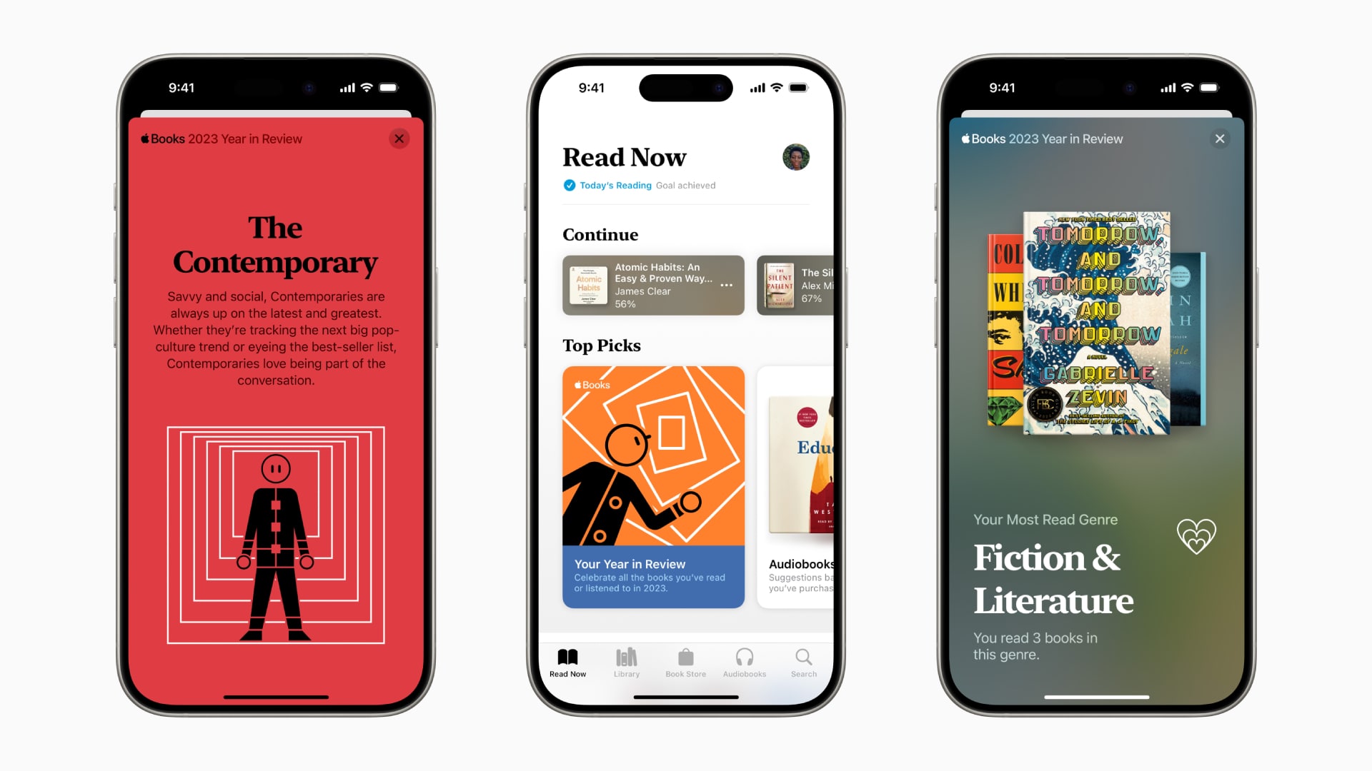سه آیفون در کنار هم که ویژگی Apple Books Year in Review را نشان می‌دهند.