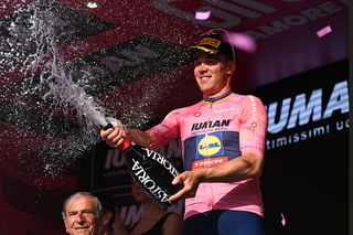Mads Pedersen celebrates another day in the Giro d'Italia pink jersey
