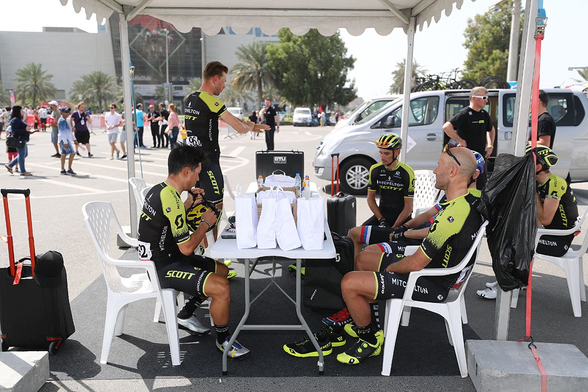 The Mitchelton-Scott team hide from the sun