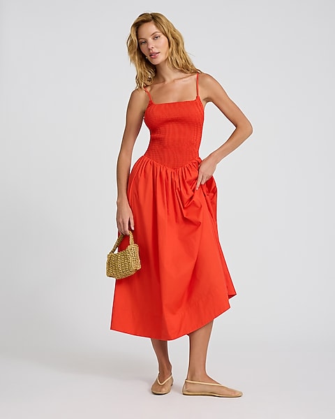 Express, Sleeveless Smocked Drop Waist Midi Dress