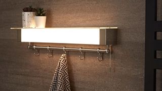 Japandi bathroom brass tube wall light that features a hanging rail below for towels