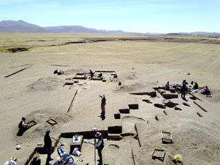 Researchers excavate at the Wilamaya Patjxa site in Peru.