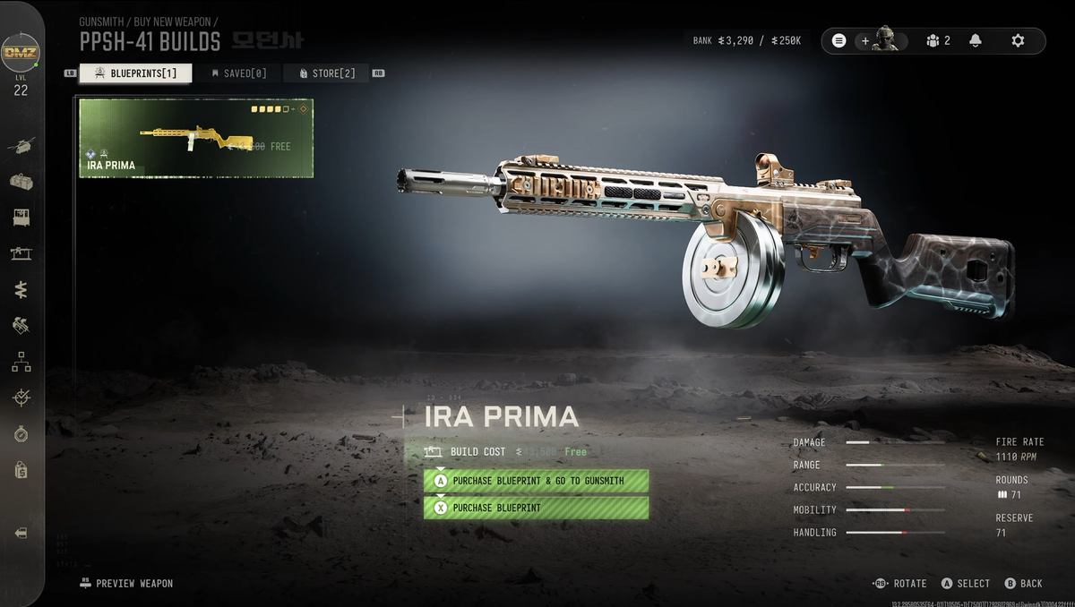 Screenshots of the Gunsmith in Modern Warfare 4 DMZ showing blueprints that can be crafted and their price in DMZ Cash.