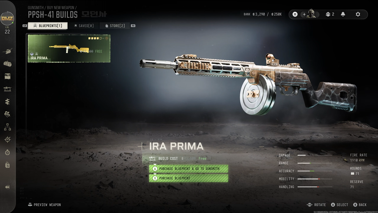 Screenshots of the Gunsmith in Modern Warfare 4 DMZ showing blueprints that can be crafted and their price in DMZ Cash.