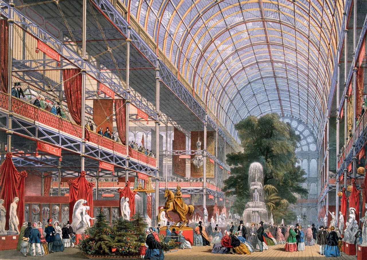 The Transept at the Great Exhibition in Crystal Palace, the glass and iron building designed by Joseph Paxton, at Hyde Park, London.