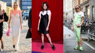 Street style showing how to style a slip dress with a t-shirt