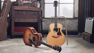 A photo showing the Taylor Gold Label 814e SB Super Auditorium in sunburst and natural finish options.