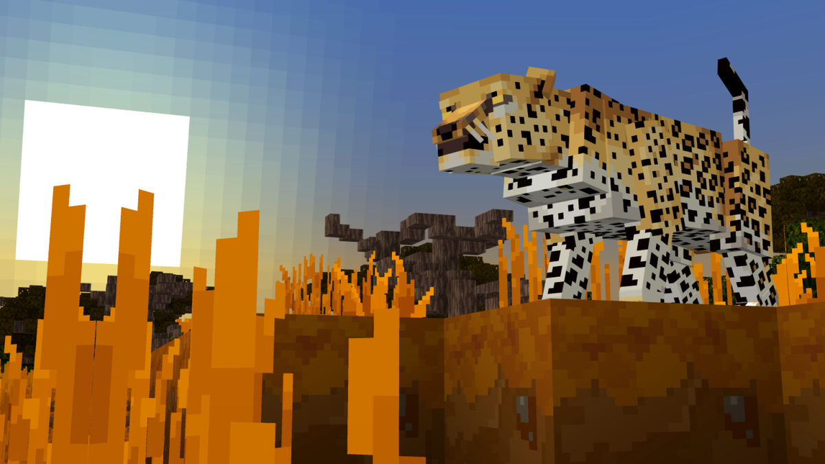 A leopard surveys the Savannah in a shot from Minecraft&#039;s Planet Earth 3 collab.