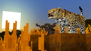 A leopard surveys the Savannah in a shot from Minecraft's Planet Earth 3 collab.