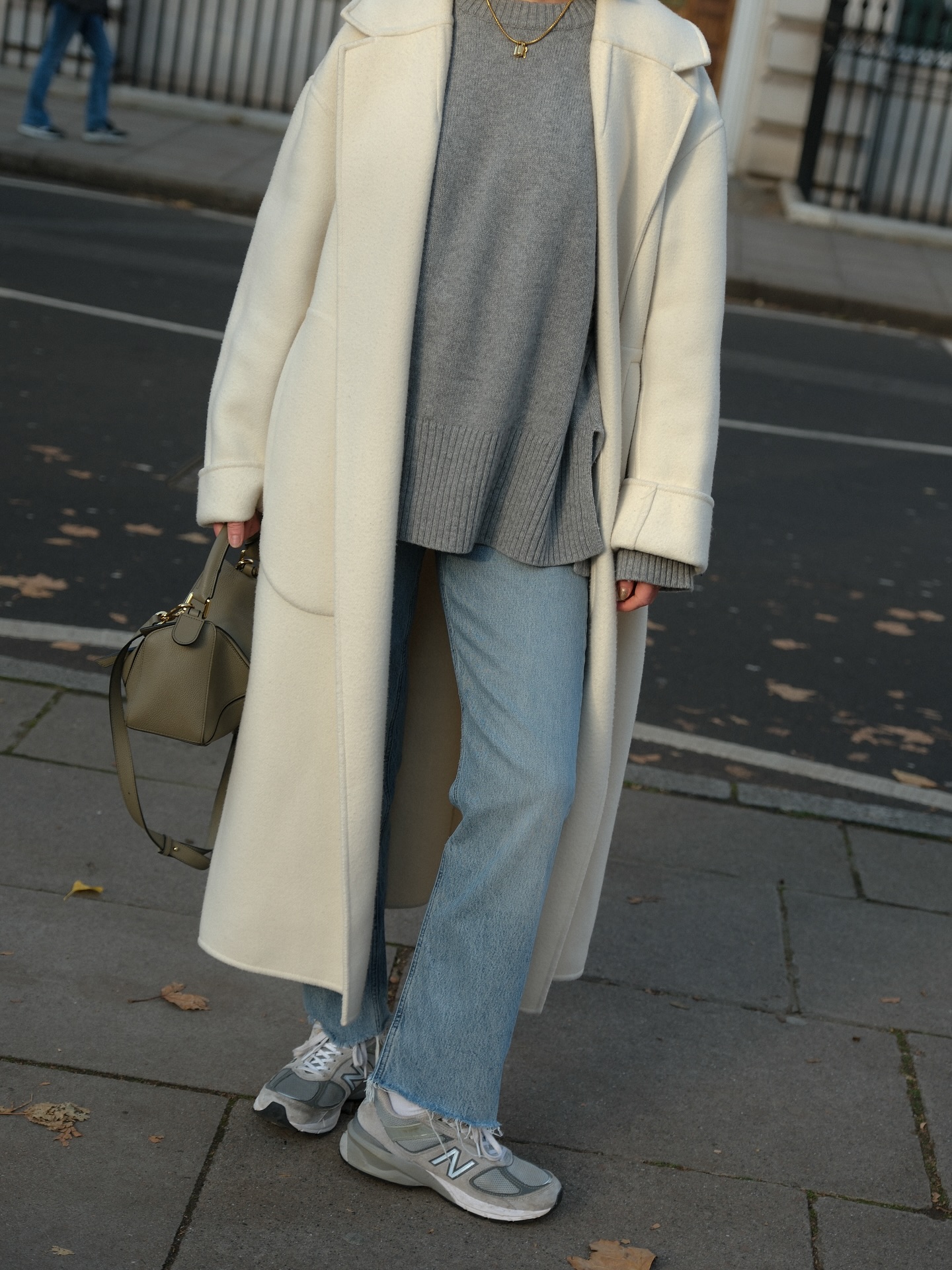 Coat jeans trainers outfit formula