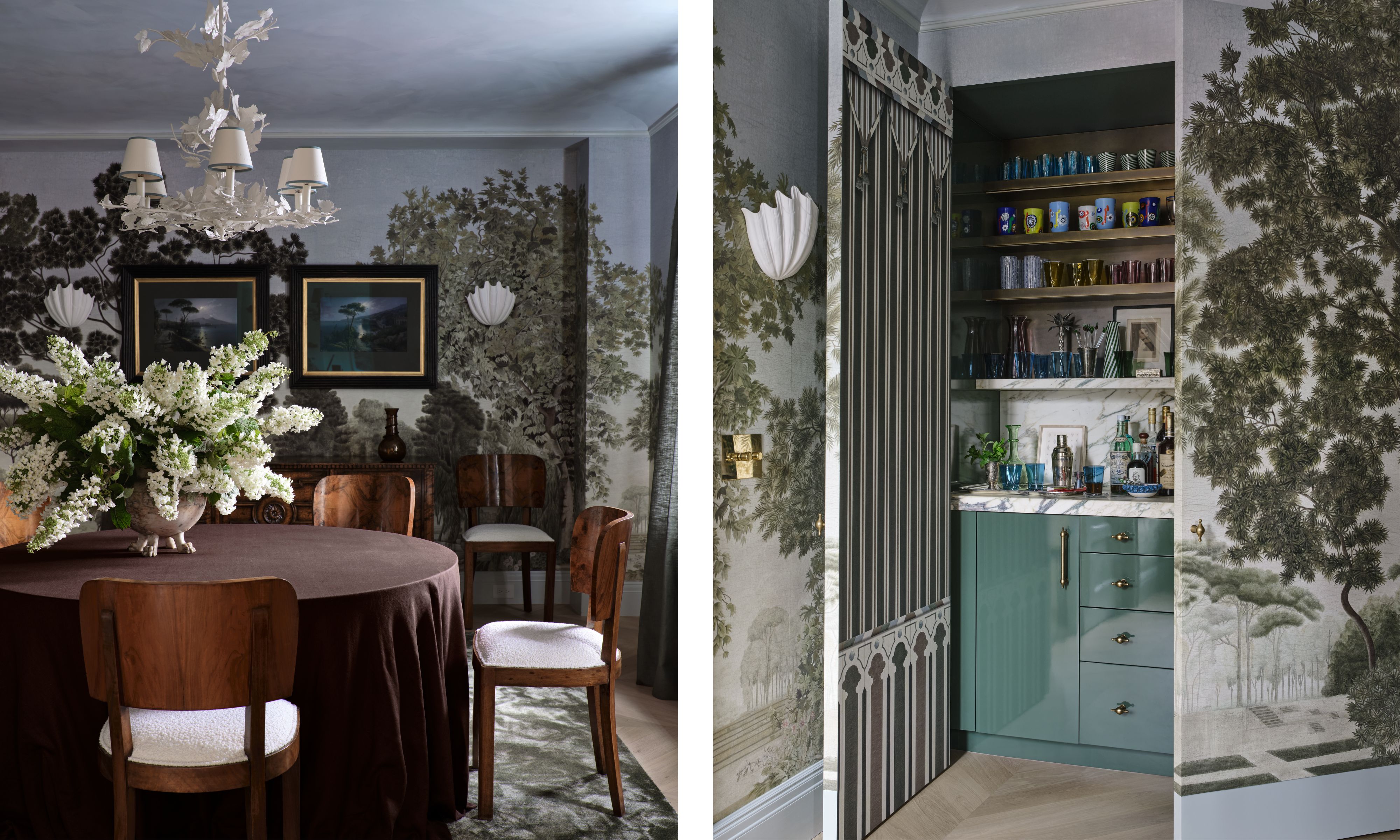 two side by side images of a blue grey mural wrapped dining room with antique furniture and a hidden home bar