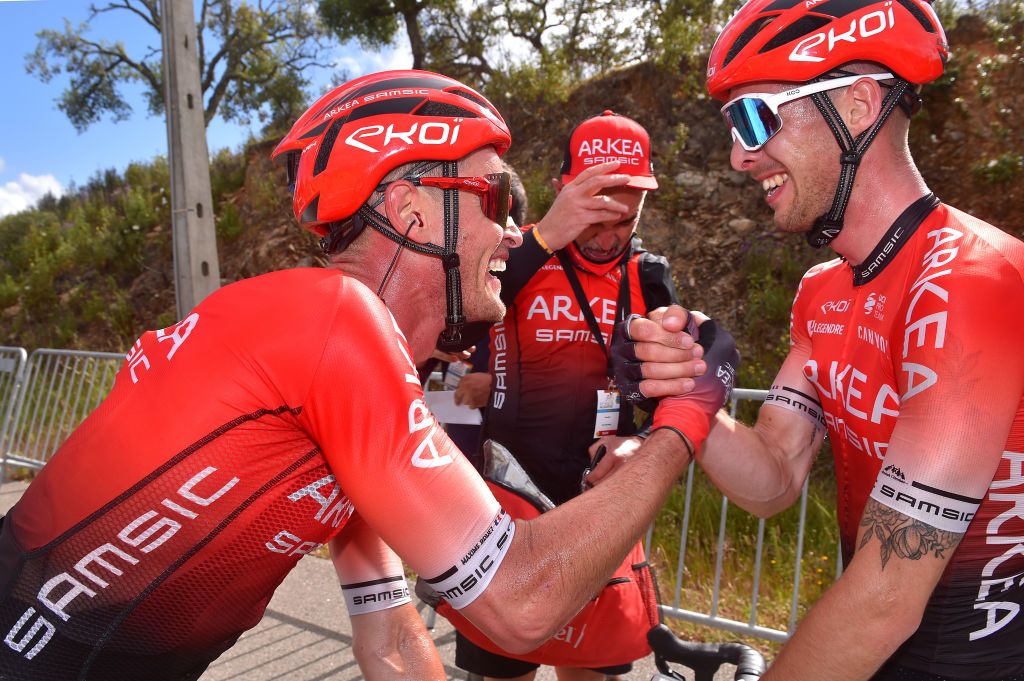 ALTO DO MALHO LOUL PORTUGAL MAY 09 Elie Gesbert of France and Team Arka Samsic stage winner celebrates Maxime Bouet of France and Team Arka Samsic at arrival during the 47th Volta Ao Algarve 2021 Stage 5 a 1701km stage from Albufeira to Alto do Malho 510m Loul VoltAlgarve VAlgarve2021 on May 09 2021 in Alto do Malho Loul Portugal Photo by Luc ClaessenGetty Images