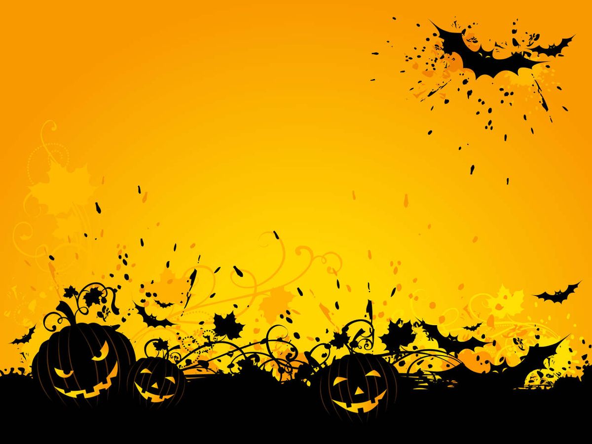 Illustration: Grinning pumpkins and bats on a fall-orange background.