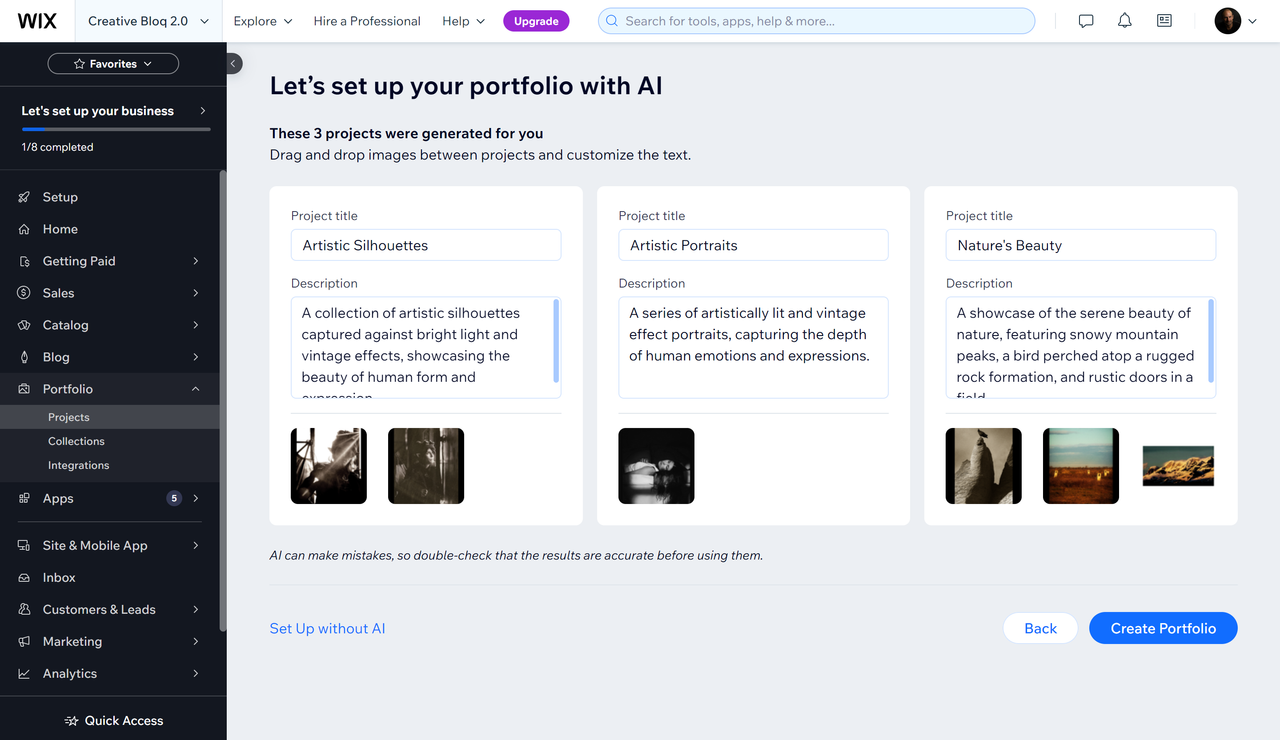 A screenshot showing part of the process to make an artist website
