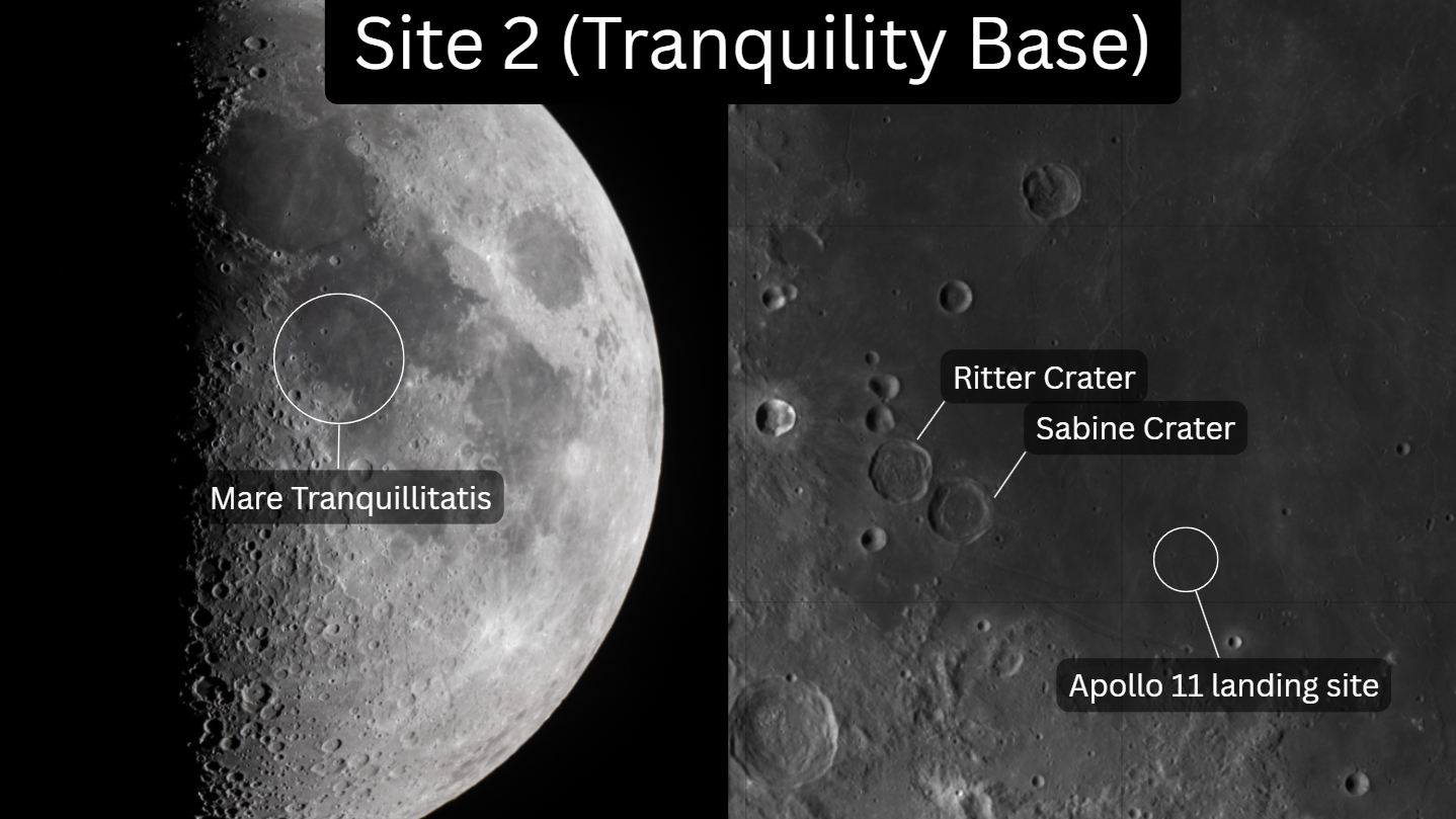A composite image. The left side shows the first quarter moon with the location of the Sea of Tranquility shown in a white circle. The image on the right shows a close up view of the region surrounding the candidate landing site close to the Ritter and Sabine craters.