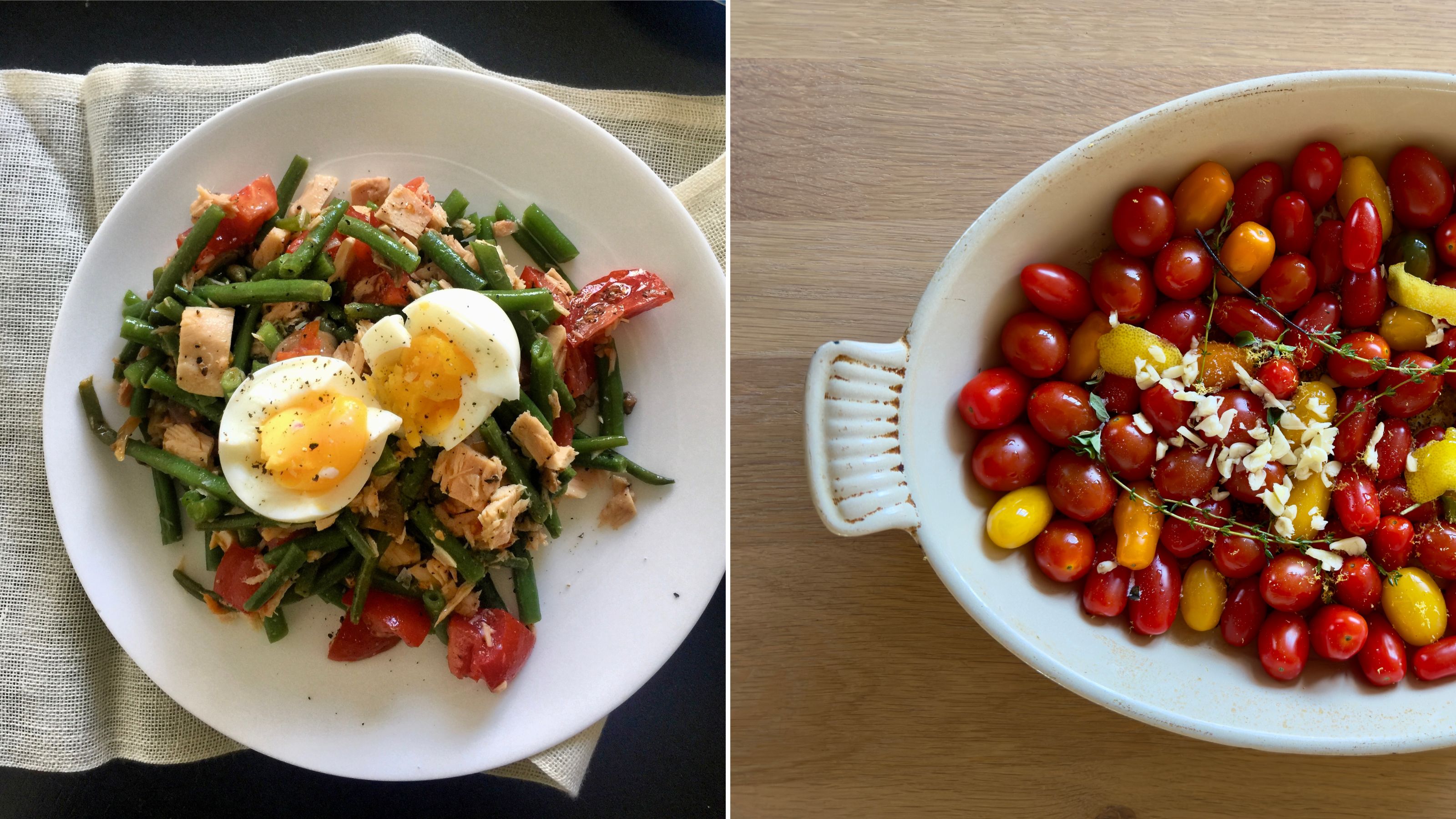 Egg salad and baking dish full of cherry tomatoes