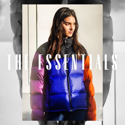 a woman wearing a puffer jacket overlayed with the text the essentials