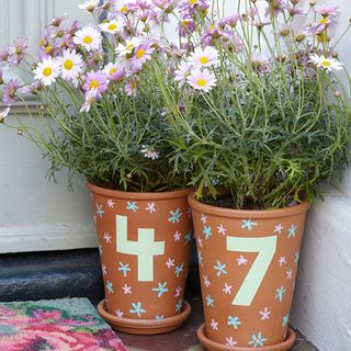 door entrance with number painted plant pots and door mat